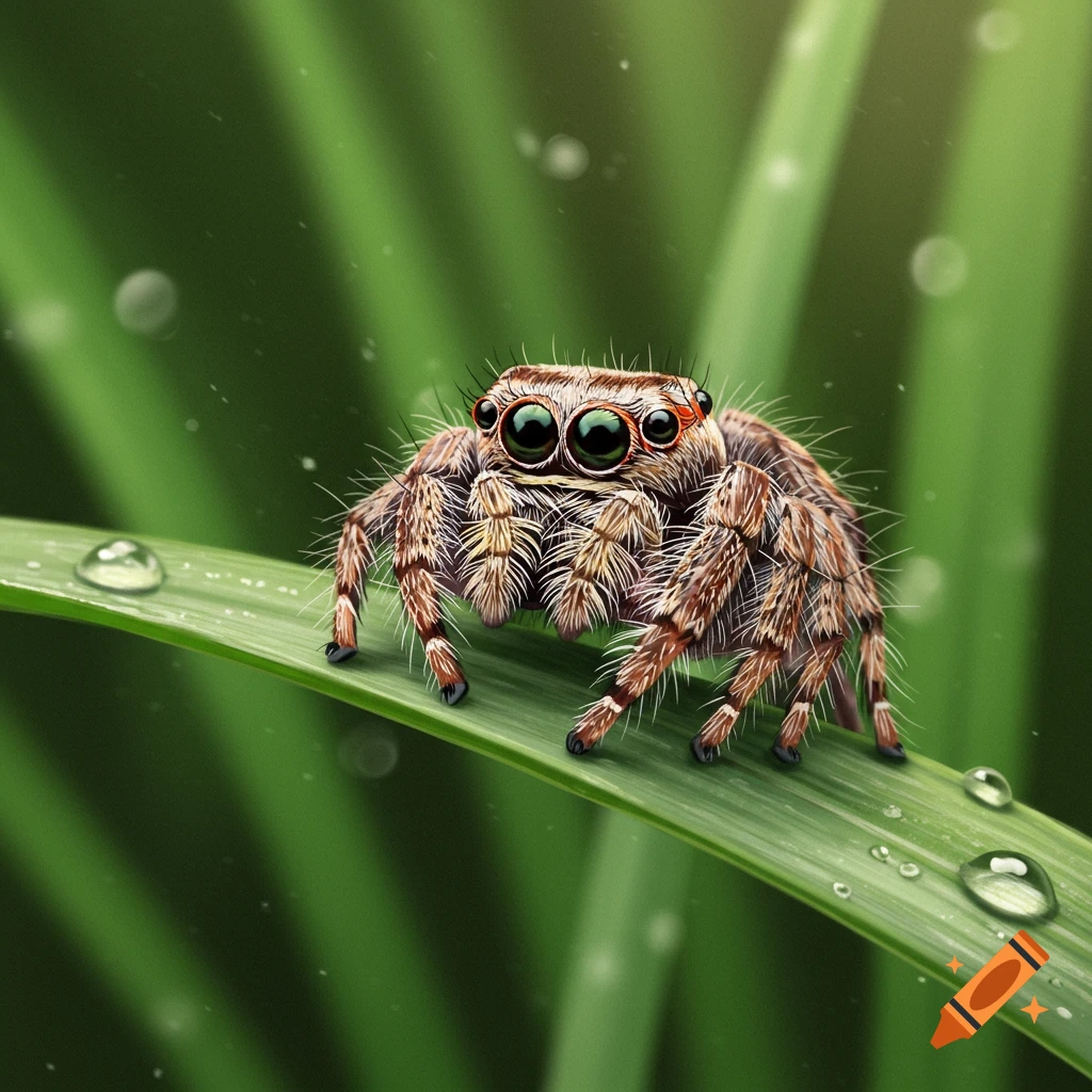 A cute jumping spider with large, green eyes and hairy brown legs sits on a dewy green blade of grass.