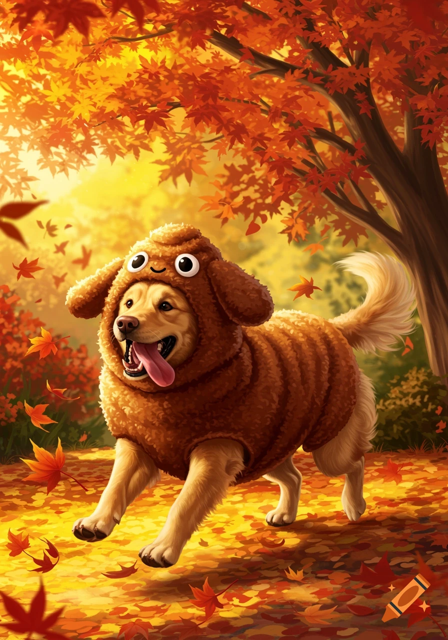 A happy golden retriever in a brown fluffy costume with a smiling face runs through fallen autumn leaves under trees.