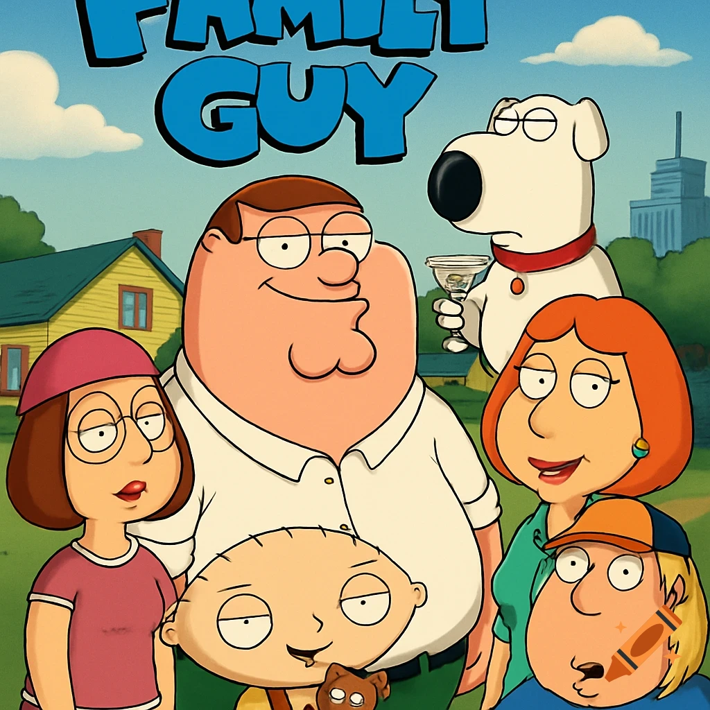 Cartoon image featuring the main characters from Family Guy: Peter, Lois, Meg, Chris, Stewie, and Brian, standing outdoors in front of their house, with the show's title "FAMILY GUY" above them.