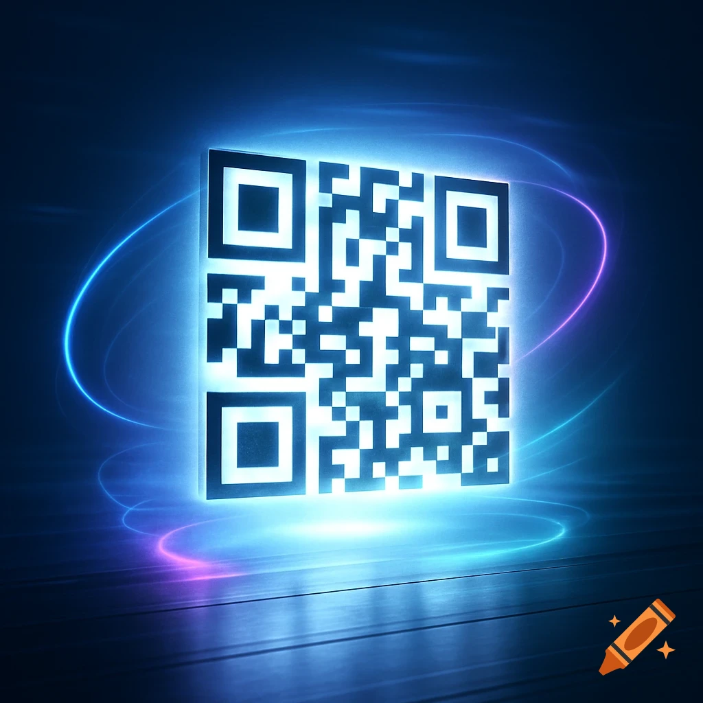 A glowing QR code in blue and purple light on a dark, reflective surface, surrounded by light trails.