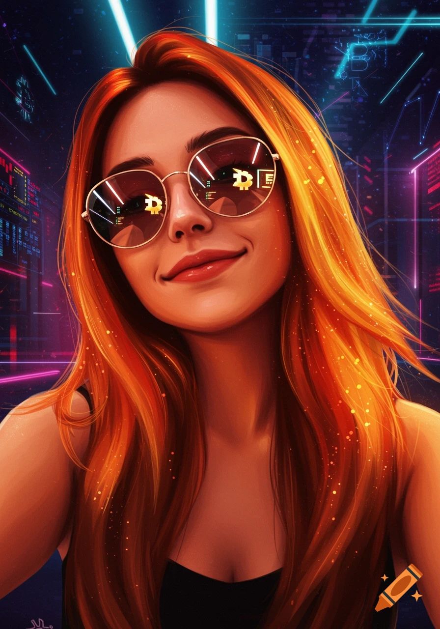 A stylized portrait of a smiling woman with long orange hair and reflective sunglasses, showing crypto symbols reflected in the lenses, against a neon-lit futuristic city background.