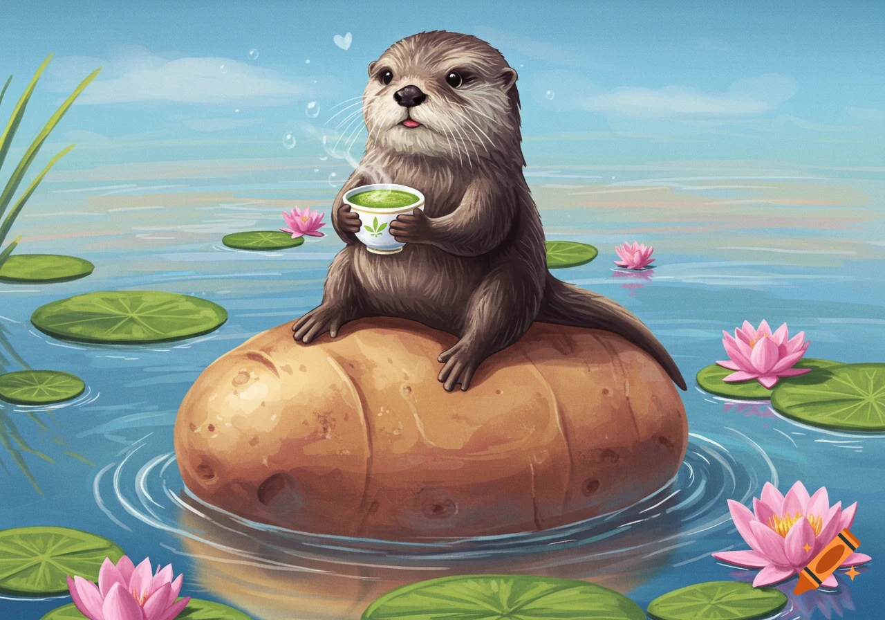 A cute illustrated otter sits on a potato in a pond with water lilies, drinking a cup of matcha.
