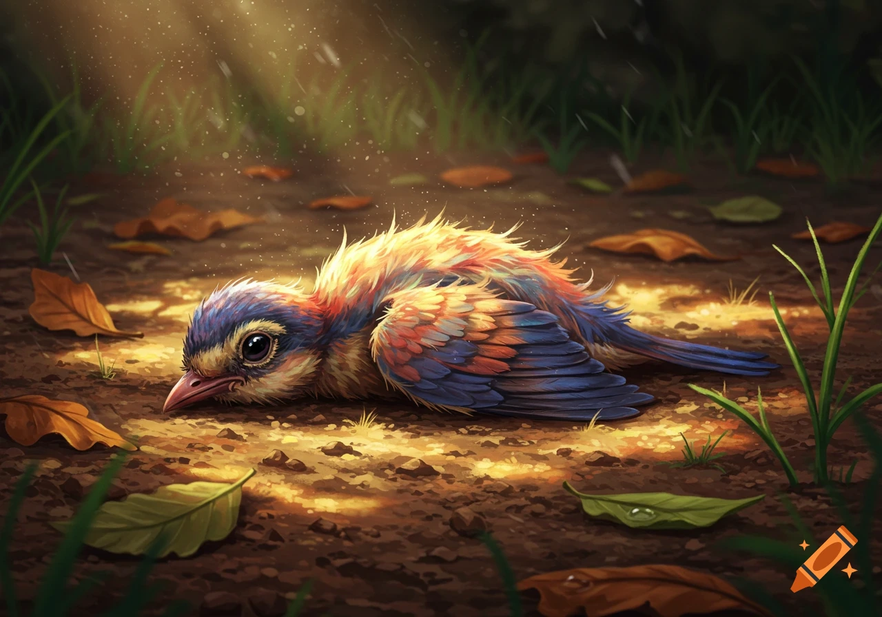A stylized illustration of a colorful baby bird lying on the forest floor under a sunbeam.