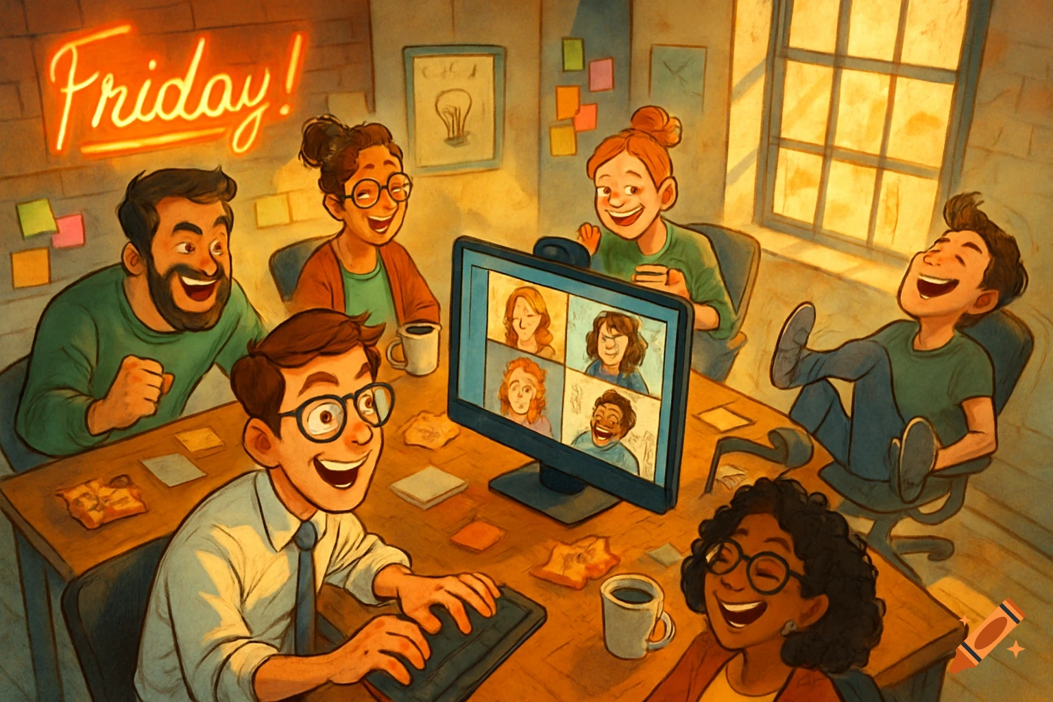 Cartoon illustration of a diverse office team laughing around a table with a monitor displaying a video call, under a neon 'Friday!' sign.