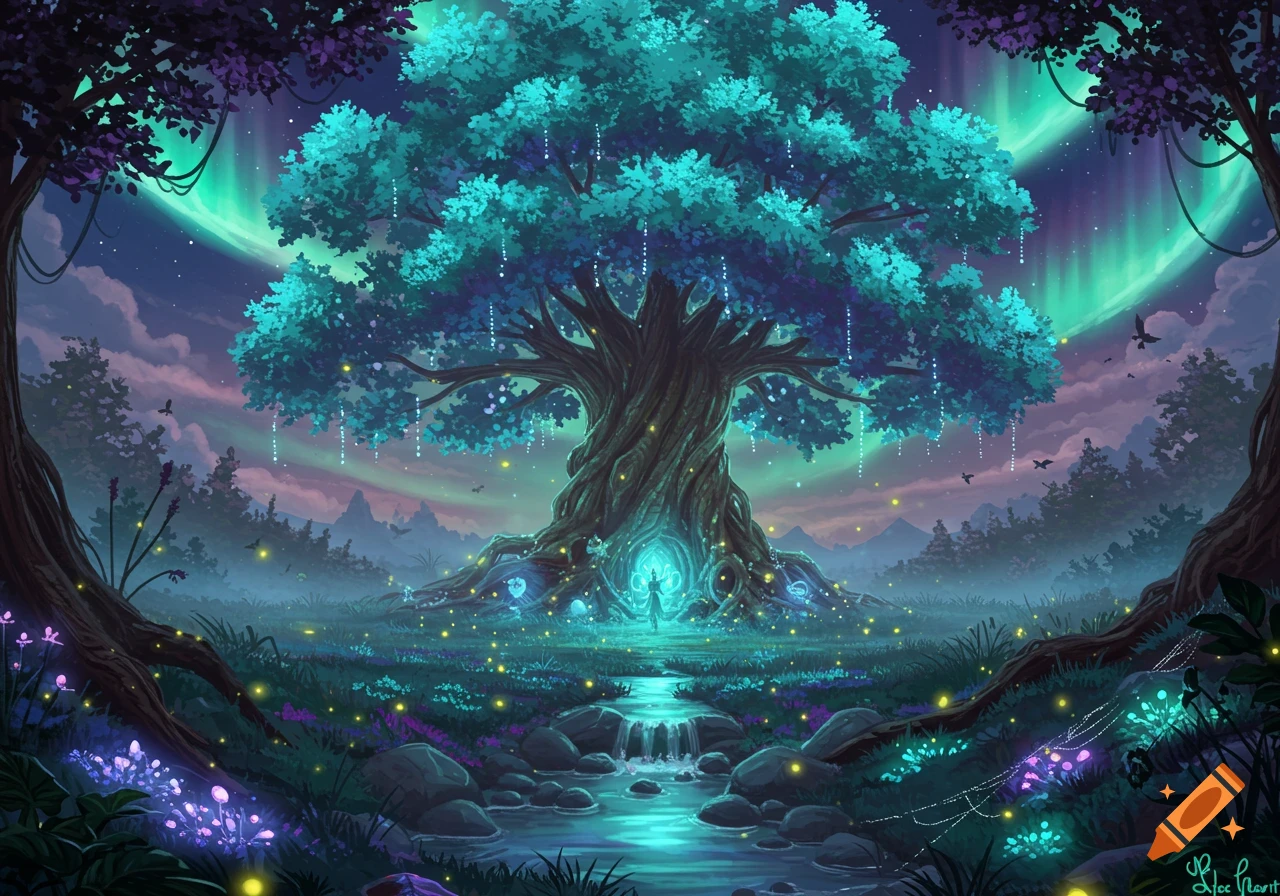 A vibrant, glowing fantasy forest at night, with a majestic tree, small figure, stream, and aurora borealis in the sky.