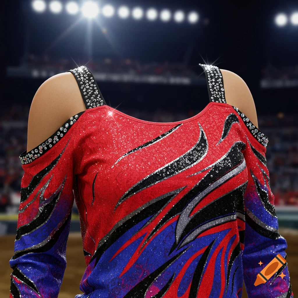 A close-up of a vibrant red, black, and blue sequined cold-shoulder jersey with sparkling straps, set against a blurry stadium background.