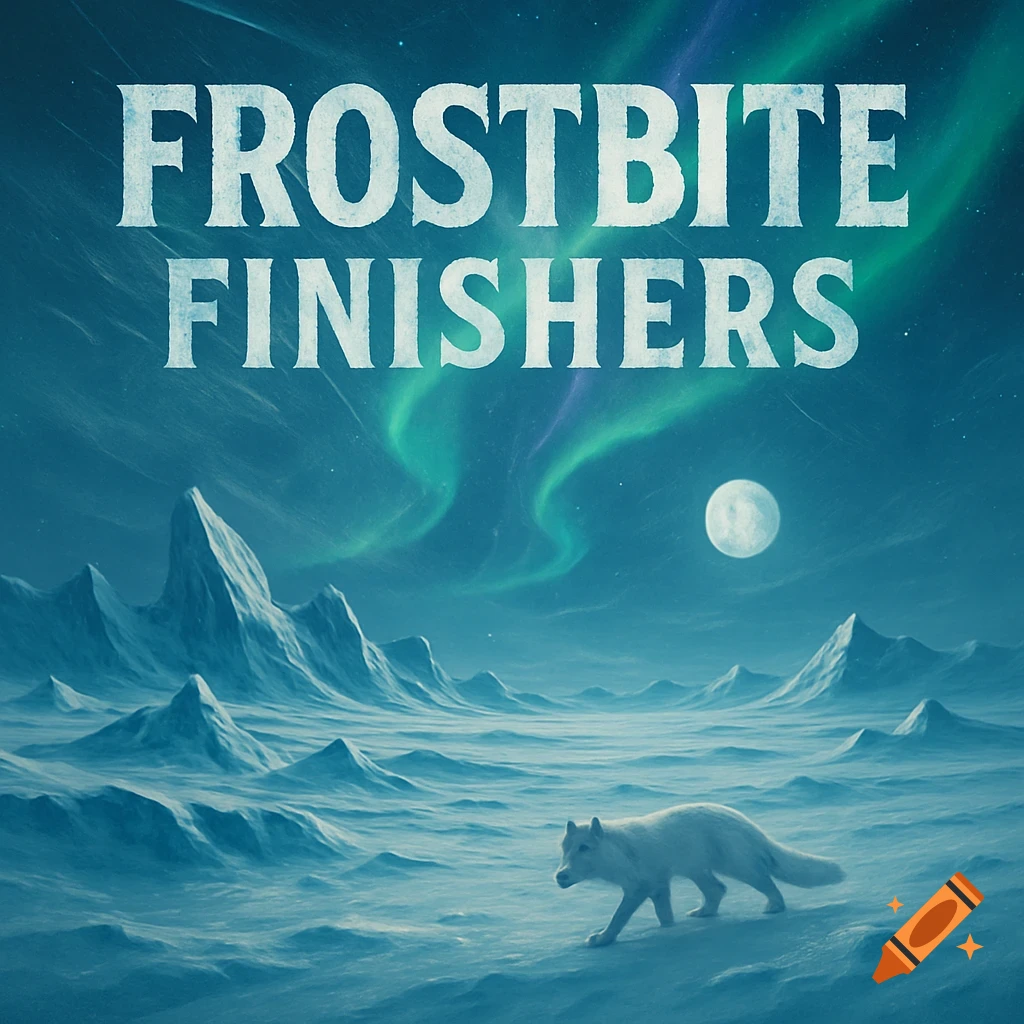 A white fox walks on a frozen tundra under an aurora borealis sky. Text: 'FROSTBITE FINISHERS' is at the top.