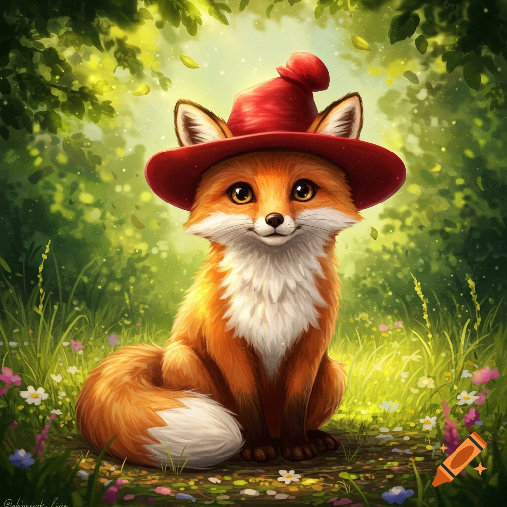 A cute, stylized red fox wearing a red hat sits in a vibrant green forest with small flowers.