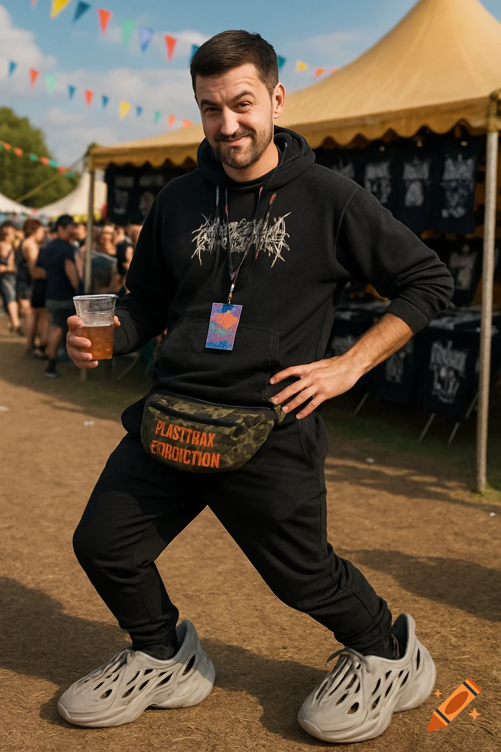 A man in a black hoodie and large grey sneakers smiles while holding a drink at a sunny outdoor music festival.
