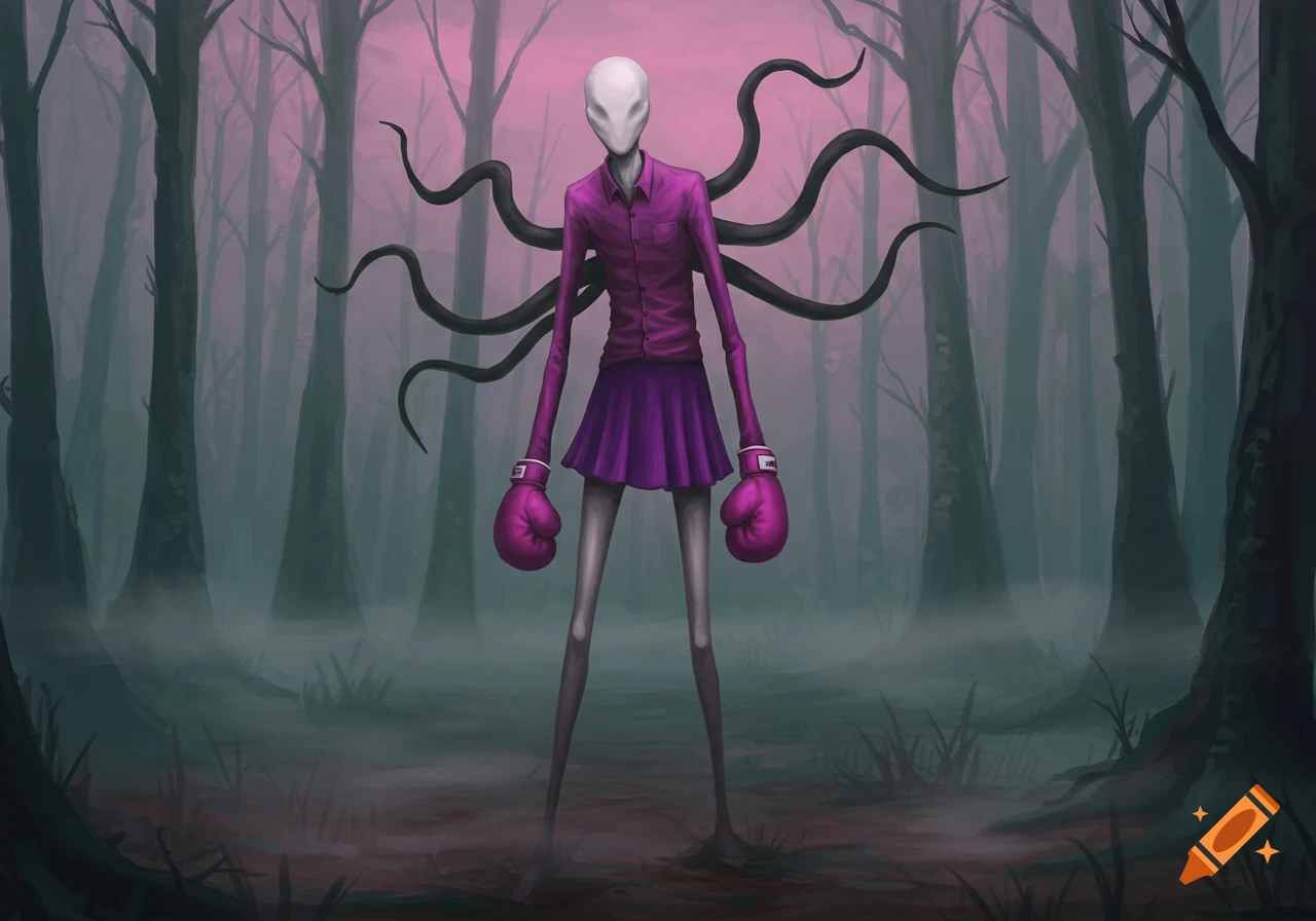 Slenderman with a faceless head, tentacles, a purple shirt, skirt, and pink boxing gloves stands in a misty, dark forest.