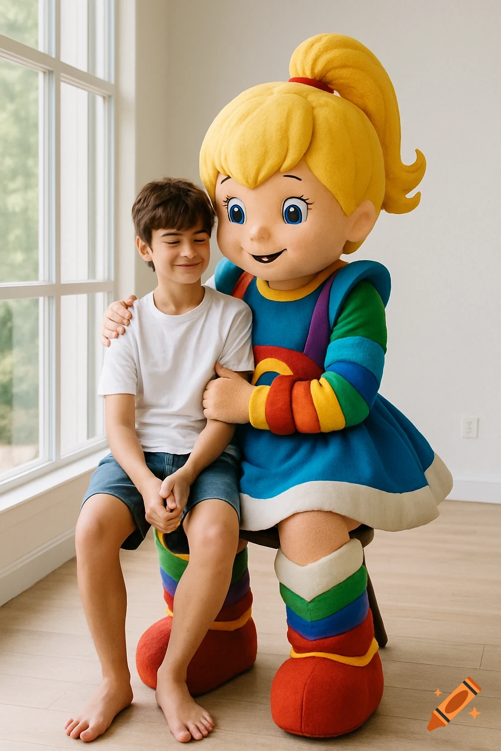 A young boy with closed eyes sits barefoot on the lap of a large Rainbow Brite mascot, who embraces him in a bright room.