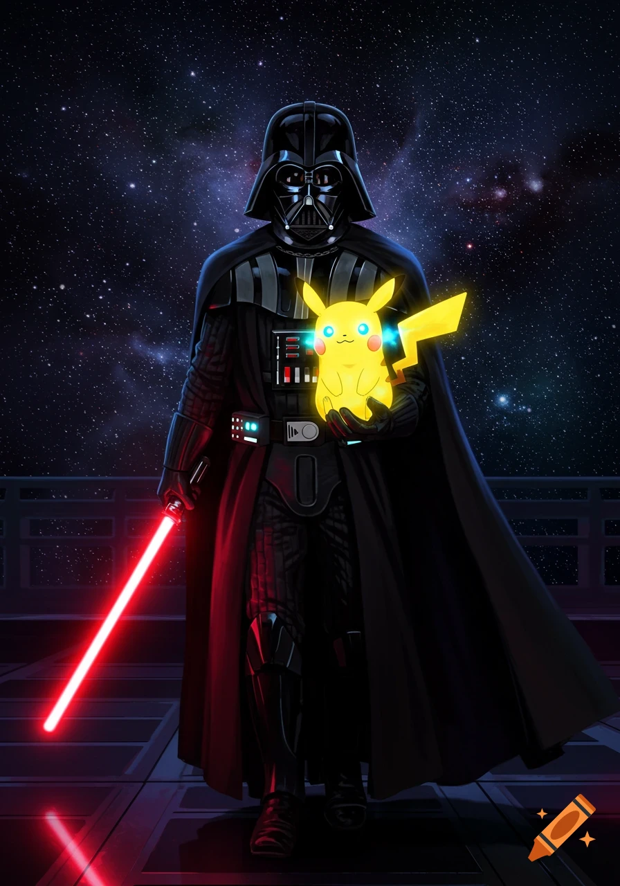 Darth Vader holds a glowing yellow Pikachu on a spaceship bridge with a starry space background in a digital illustration.