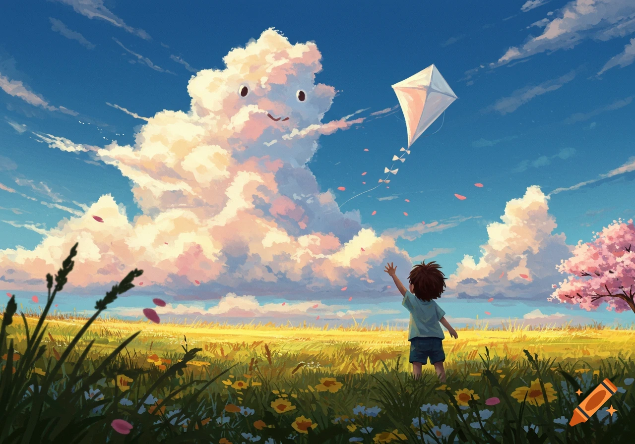 A digitally painted image of a boy in a field reaching up towards a kite and a large cloud with a smiling face, under a blue sky.