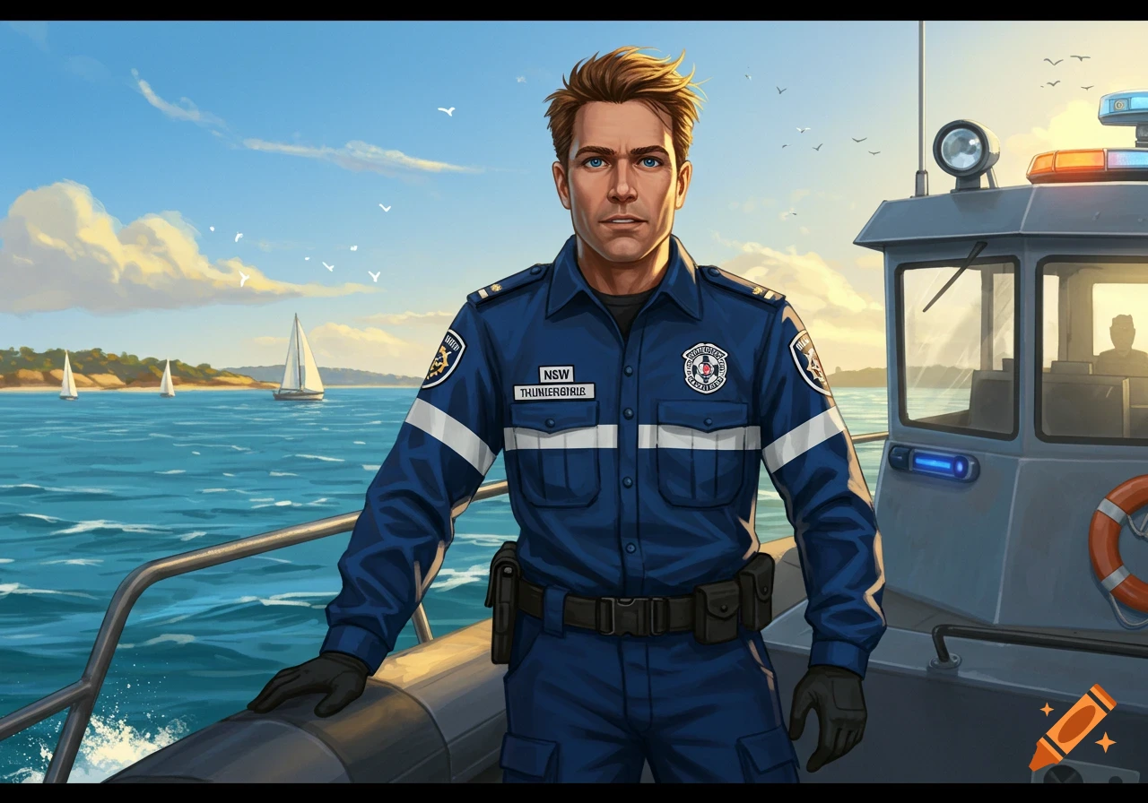 A man in a blue uniform stands on a boat with sailboats and land in the background under a blue sky.