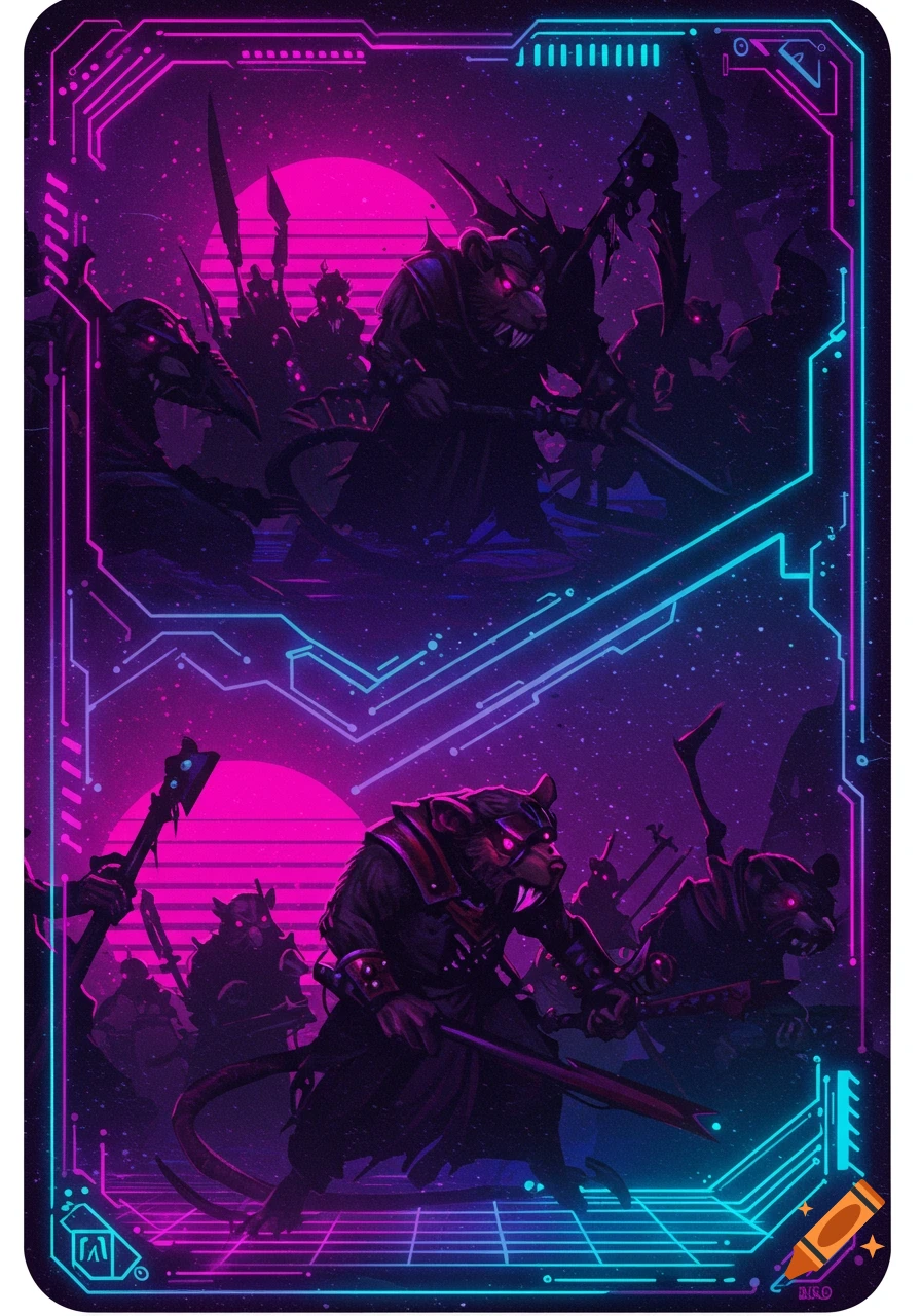 Anthropomorphic rat-like warriors with glowing eyes, armed with weapons, in a dark neon synthwave setting with pink and blue circuit lines, framed as a card backing.