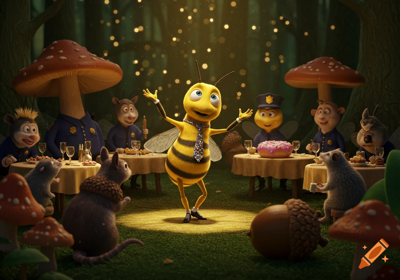 A cartoon bee wearing a sparkly tie dances on a spotlighted patch of grass in a magical forest. Around him, various woodland creatures in police uniforms and other animals sit at small tables, watching, under glowing fireflies.