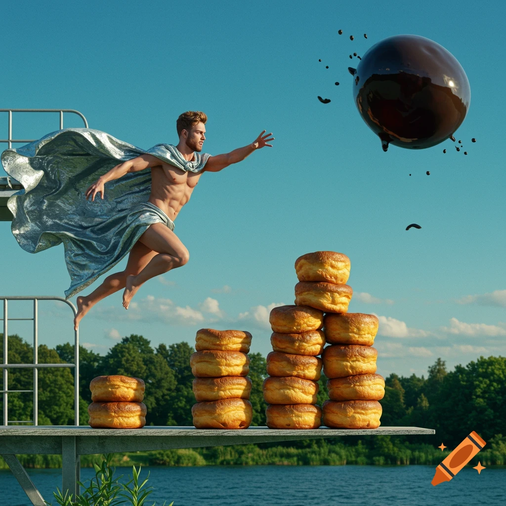 A superhero in a silver cape leaps over a lake, reaching for a giant chocolate sphere, with stacks of Yorkshire puddings on a diving board.