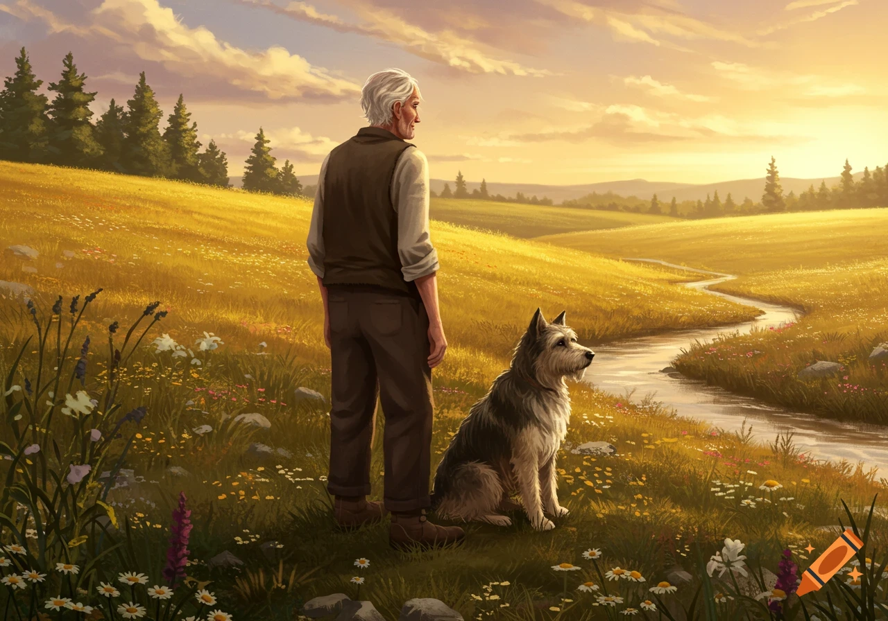 An old man and his dog stand in a golden meadow with a winding stream under a warm, cloudy sky.