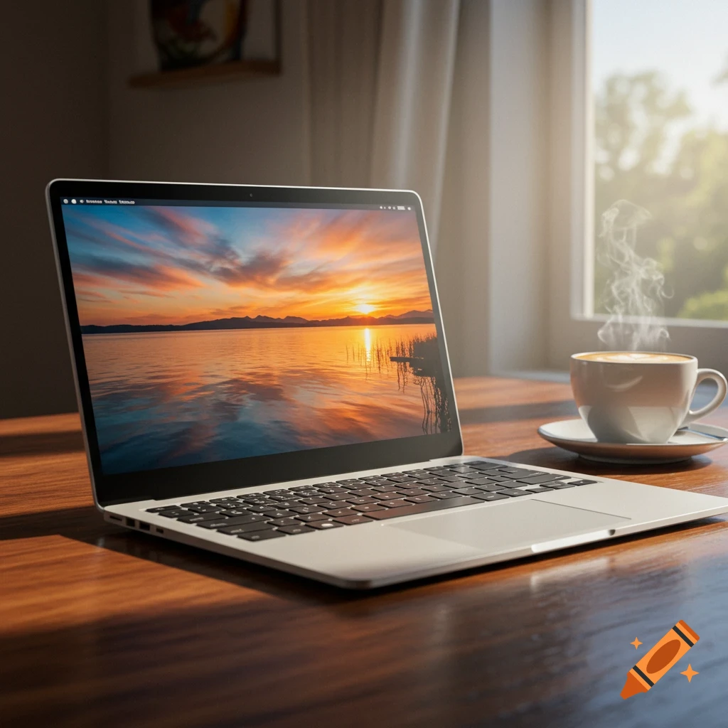 A laptop on a wooden table displays a colorful sunset over a lake, next to a steaming cup of coffee by a sunlit window.