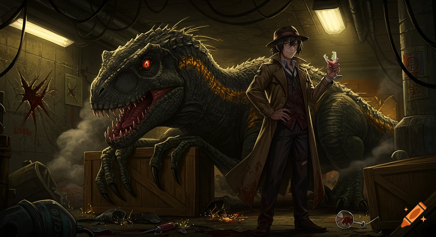 Anime character Chuuya in a trench coat holding a broken glass, standing beside a snarling Indoraptor with glowing red eyes in a destroyed bunker.