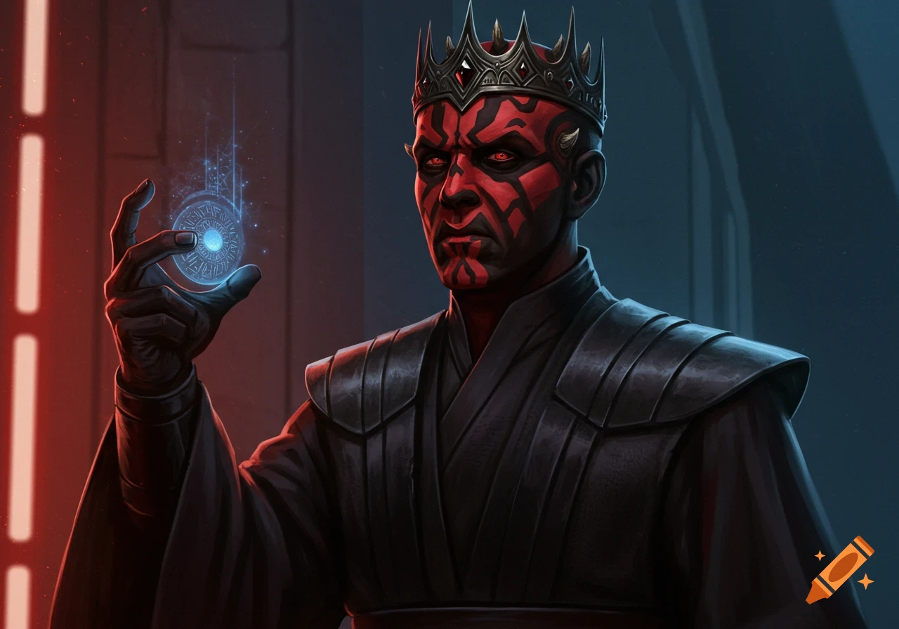 Darth Maul wearing a dark crown, holding a glowing blue mystical disc in a dark, red-lit room. Digital painting style.