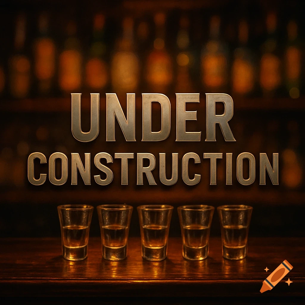 Metallic 'UNDER CONSTRUCTION' text above five shot glasses on a dimly lit bar, with blurred liquor bottles in the background.