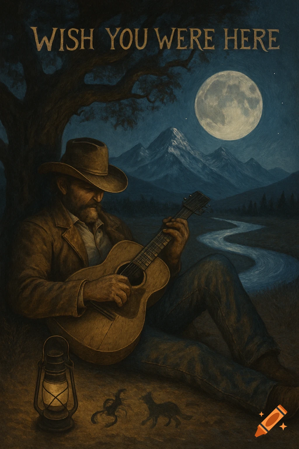 A cowboy sits under a tree playing a guitar at night, under a full moon with mountains and a river. "WISH YOU WERE HERE" is written above.