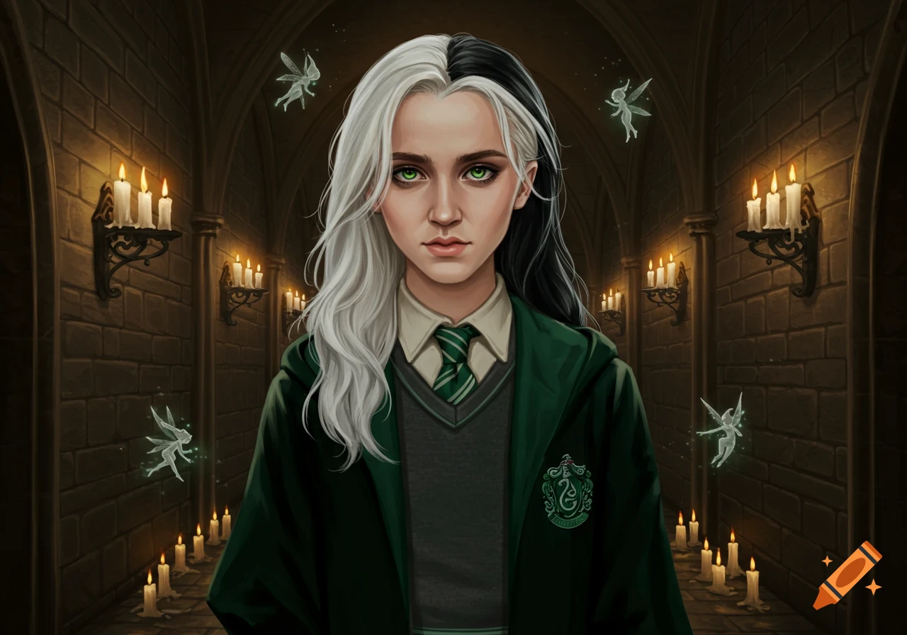Digital portrait of a young woman with split black and white hair, green eyes, in a Slytherin uniform, surrounded by fairies in a candlelit castle.