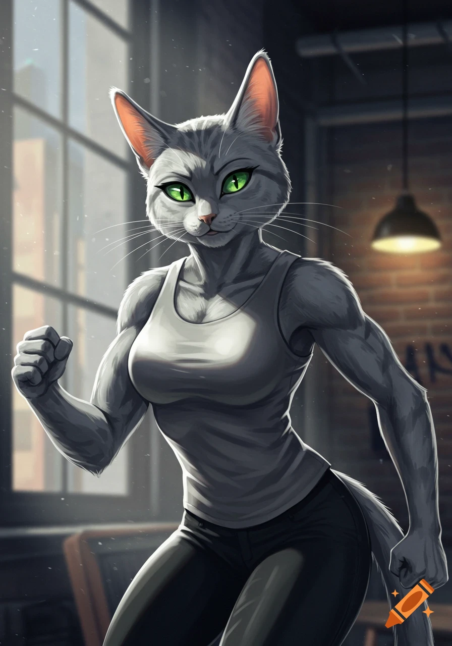 A gray anthropomorphic muscular female cat with green eyes in a white tank top and dark pants, posing in an urban gym.