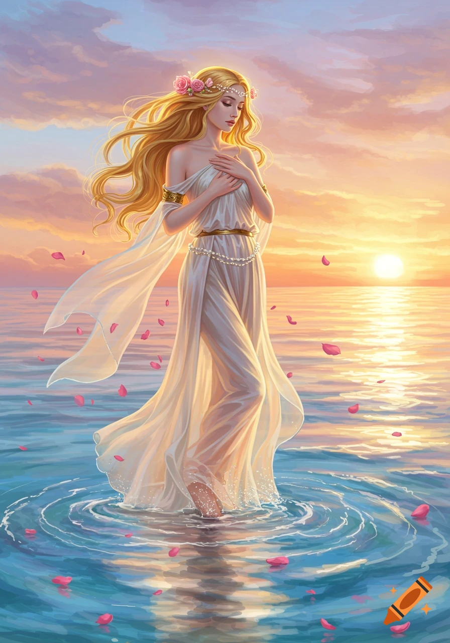 A serene woman with long blonde hair and a white flowing dress stands in the ocean water, surrounded by rose petals, at sunset.