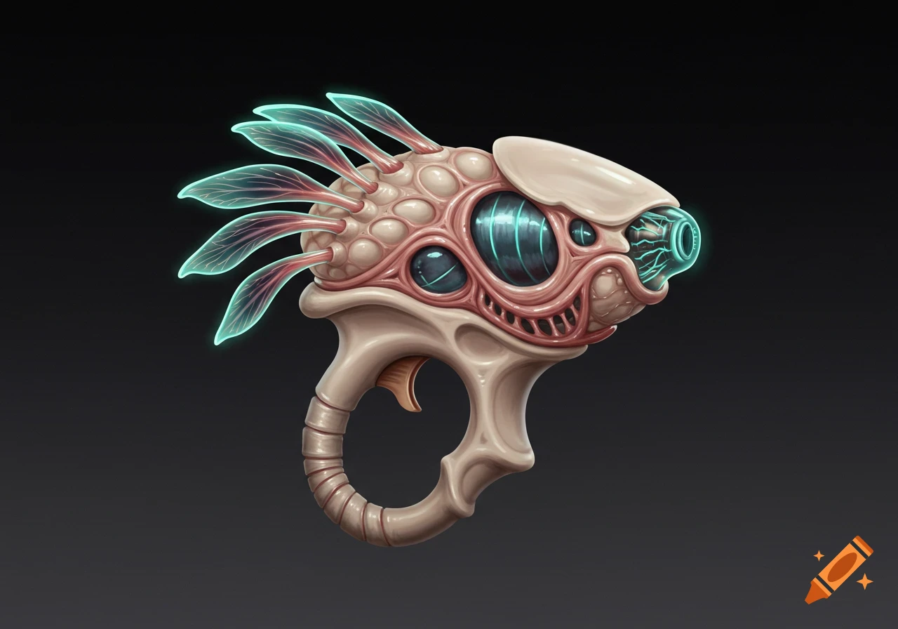 A detailed digital painting of a compact biomechanical energy weapon with glowing fins and an organic nozzle, on a dark background.
