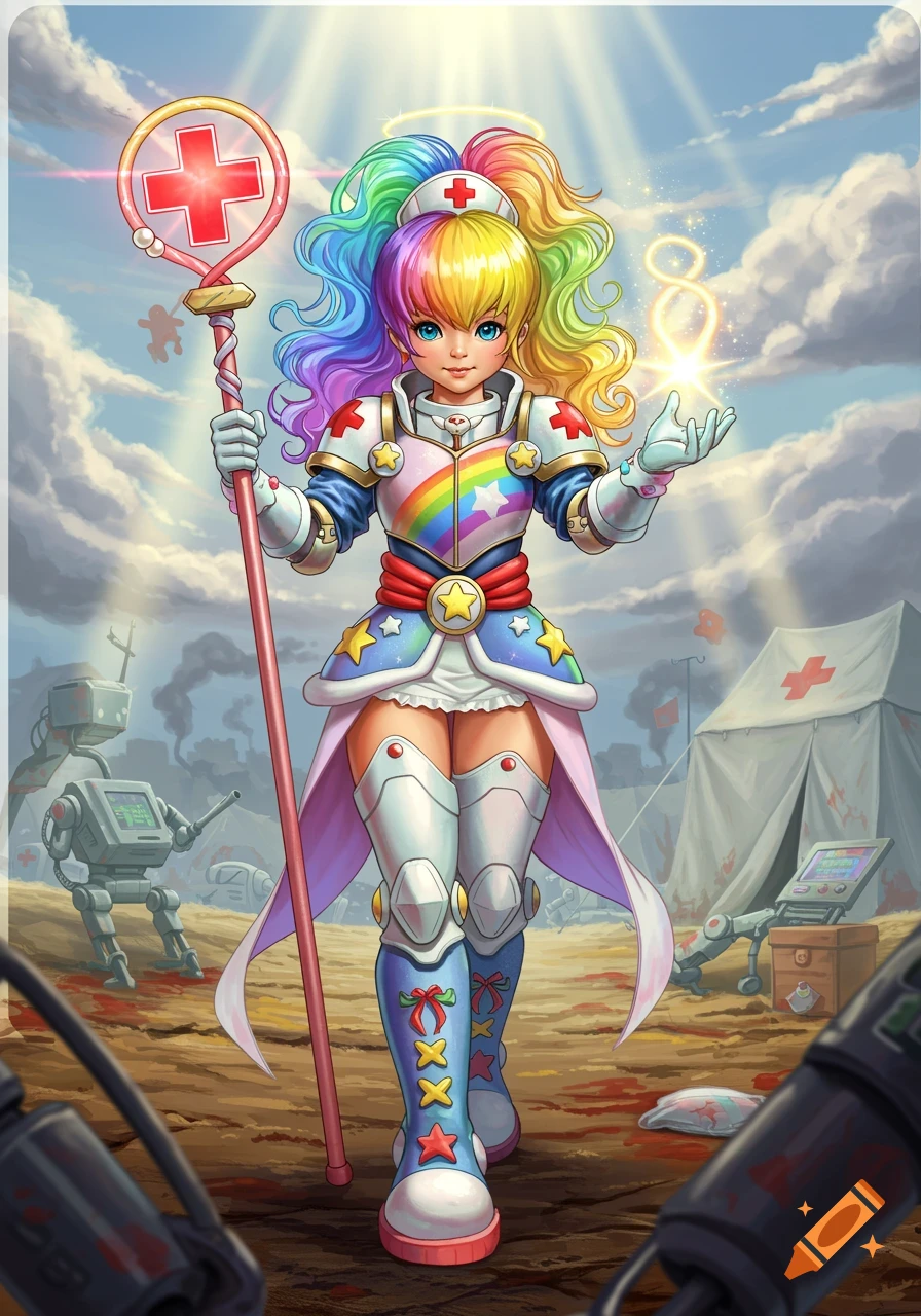 A vibrant anime-style female character with rainbow hair, dressed as a medical warrior, stands in a desolate landscape with robots and a medical tent.