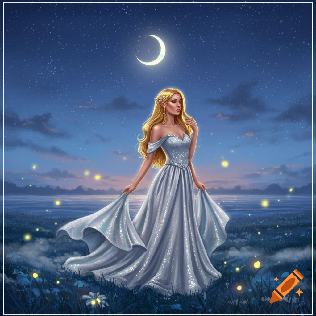 An illustrated fantasy image of a blonde woman in a shimmering white gown standing in a field with fireflies under a crescent moon and starry night sky.