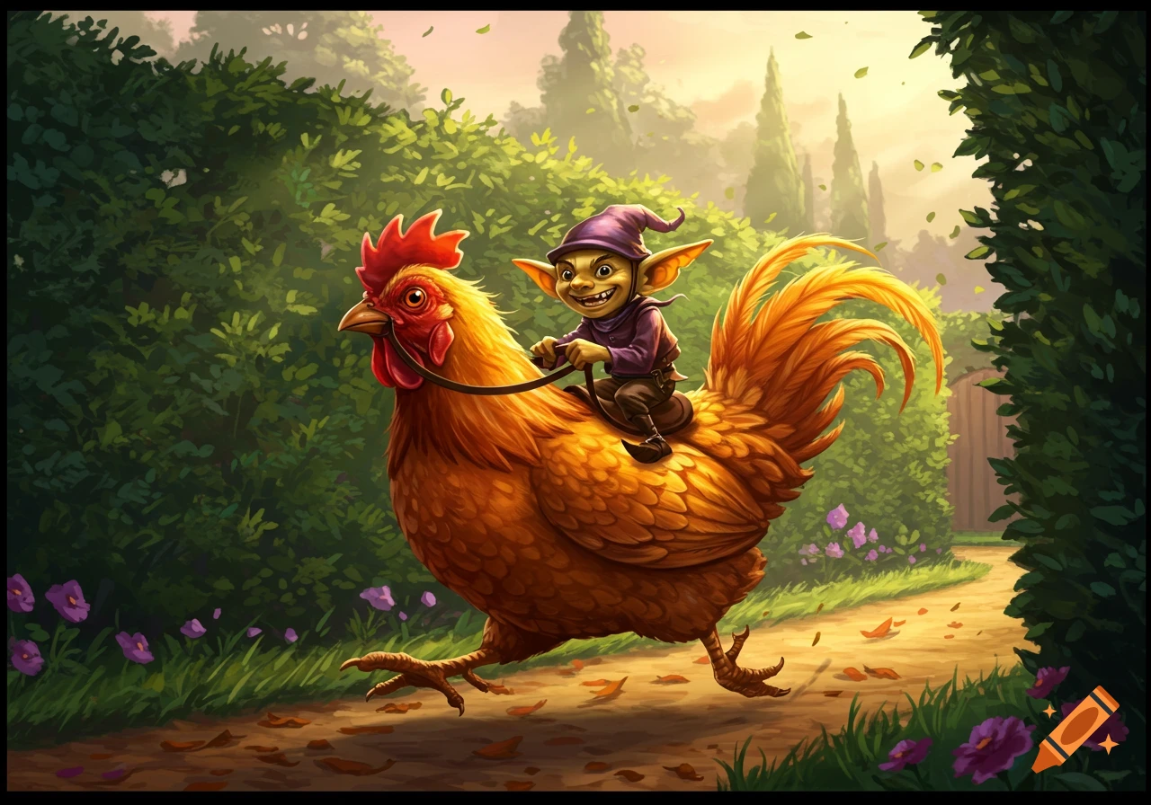 A whimsical illustration of a grinning goblin riding a large rooster on a sunny path in a lush garden.