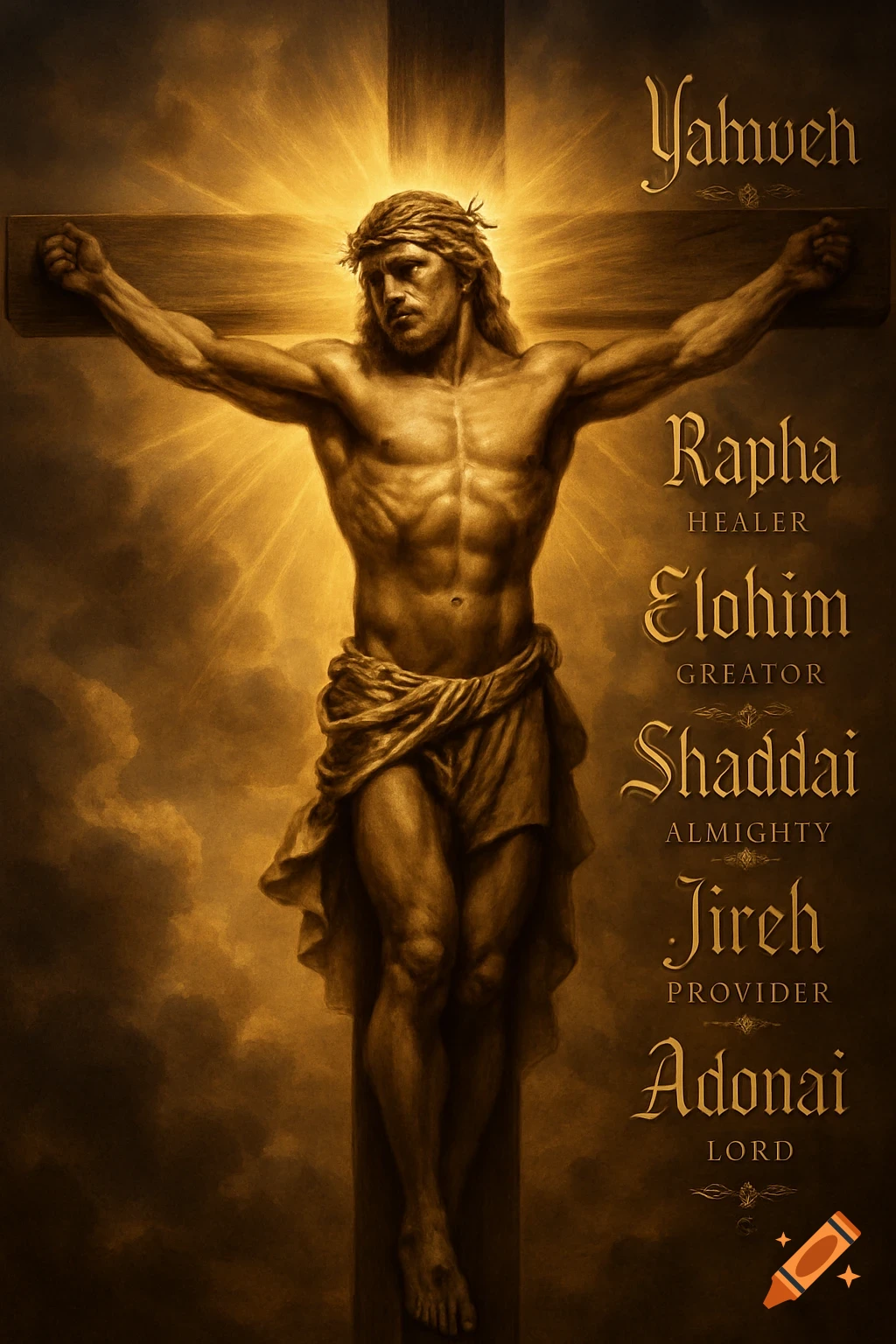 A stylized golden depiction of Jesus Christ on the cross, radiating light, with names of God and titles in elegant script on the right side.