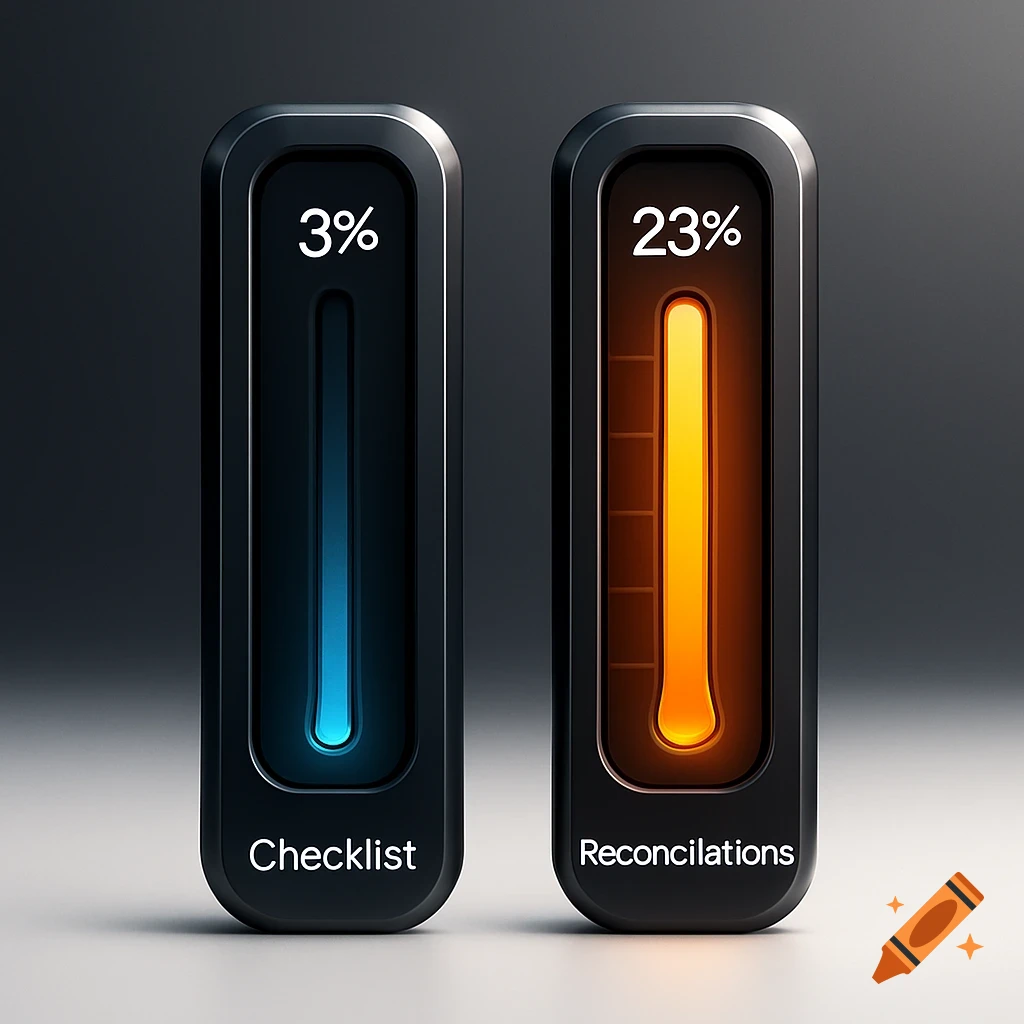 Two dark metallic vertical progress bars. One on the left is blue, labeled 'Checklist' with '3%'. The right one is orange, labeled 'Reconciliations' with '23%'.