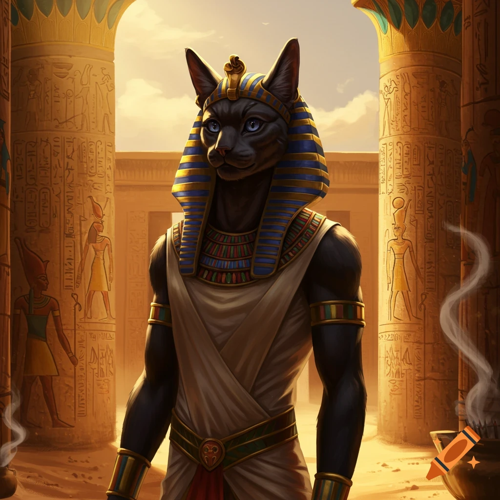 An anthropomorphic black cat figure, resembling an ancient Egyptian deity, stands amidst desert ruins with hieroglyph-covered pillars.