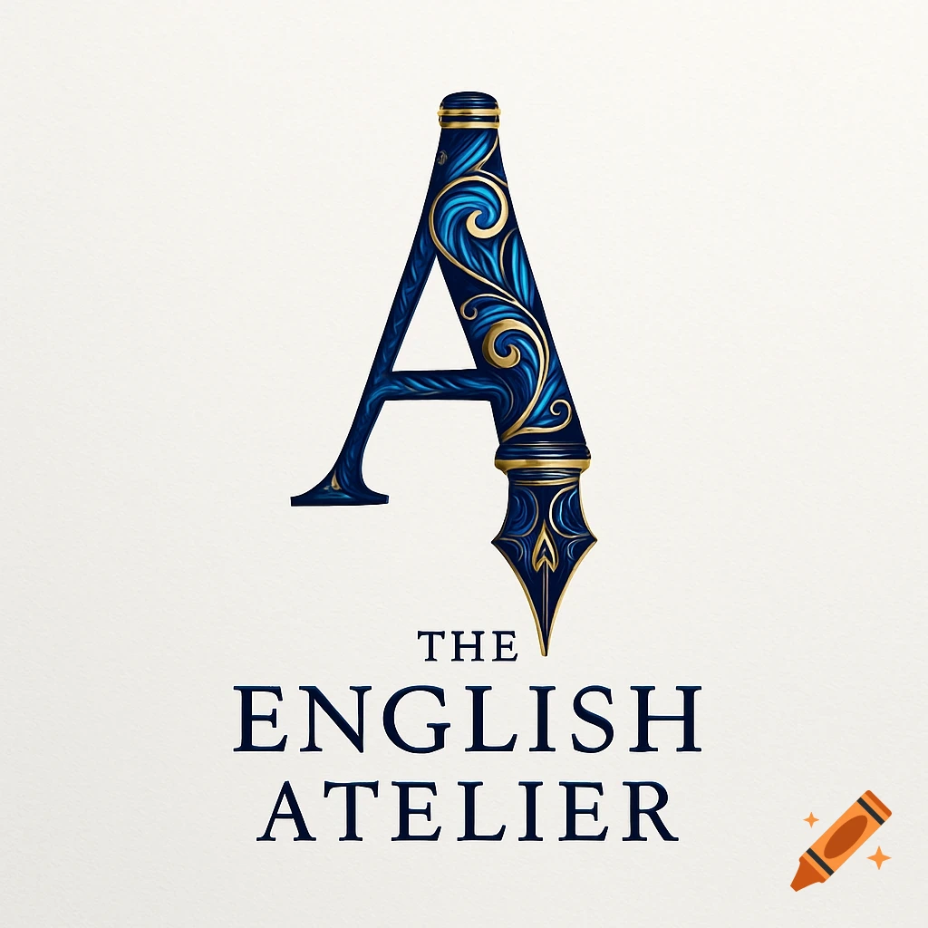 An ornate blue and gold letter A, designed to resemble a fountain pen nib, above the words "THE ENGLISH ATELIER" on a light background.