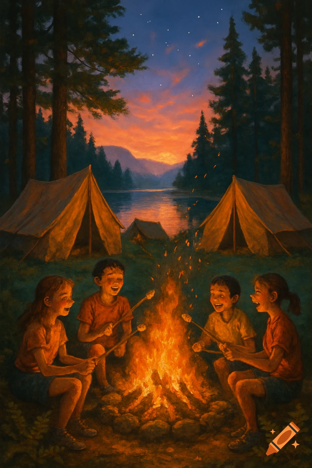 Four children roast marshmallows around a campfire by a lake at sunset, surrounded by tents and trees, in a painterly illustration style.