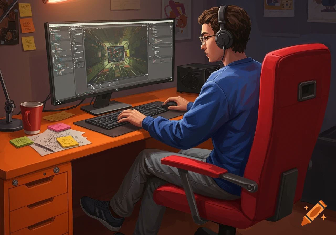 An illustration of a young man wearing headphones, sitting at an orange desk in a red chair, coding a game design on a computer screen.