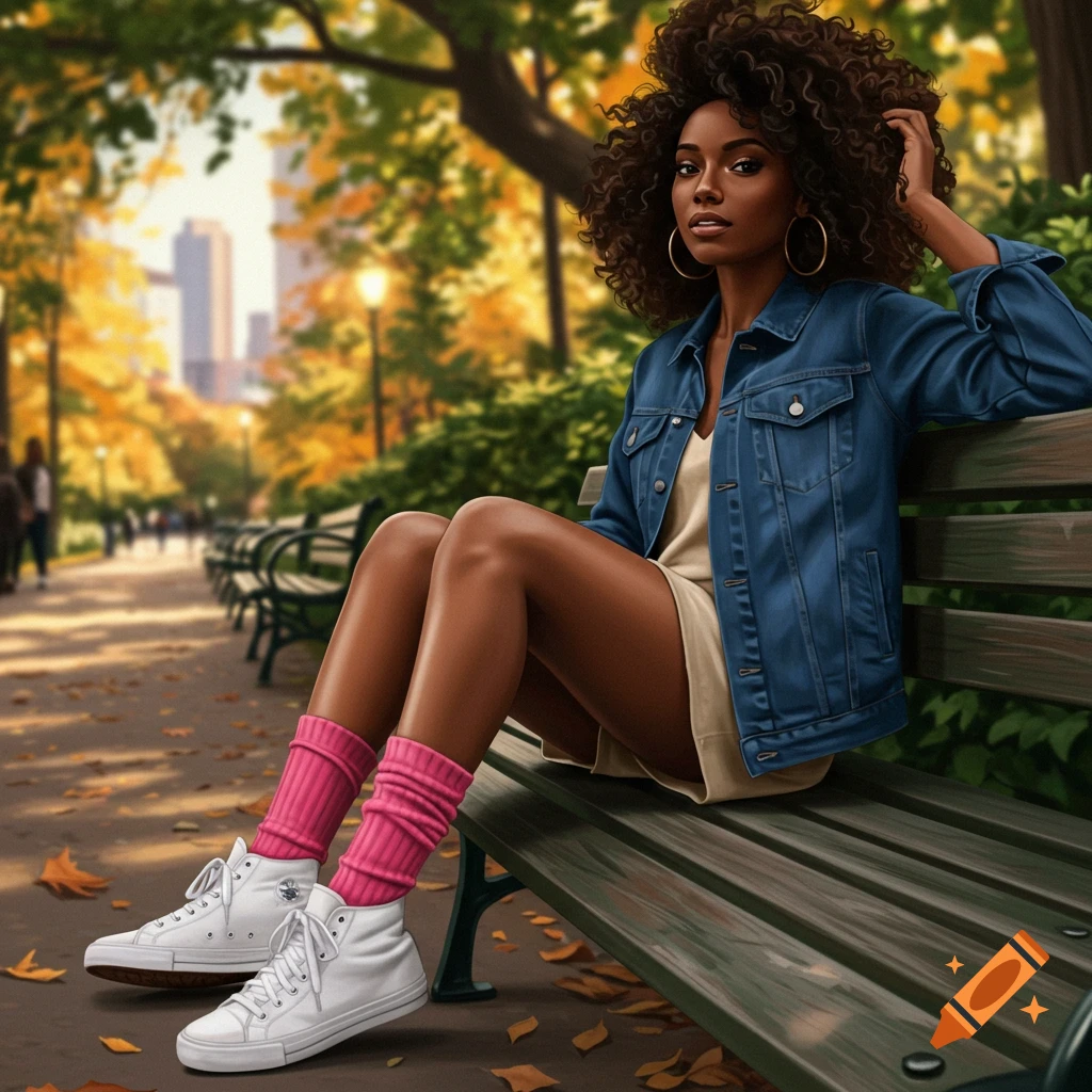 A woman with curly hair sits on a park bench in autumn, wearing a denim jacket, short dress, pink slouch socks, and white sneakers.