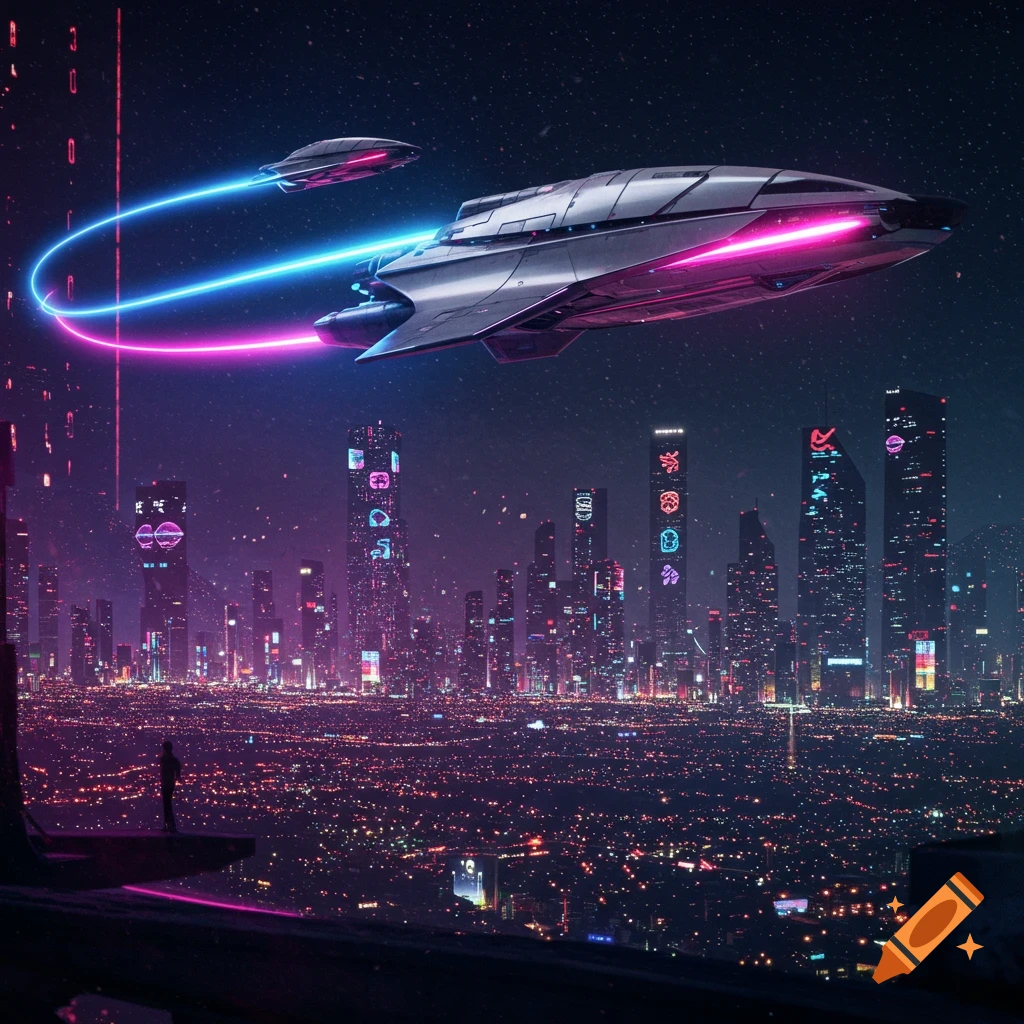 A futuristic cityscape at night with neon lights, featuring two flying silver spacecraft leaving pink and blue trails, as a person stands on a rooftop looking out.
