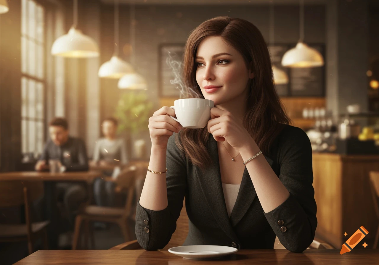 A beautiful woman in a blazer holds a steaming coffee cup while sitting in a sunlit coffee shop.