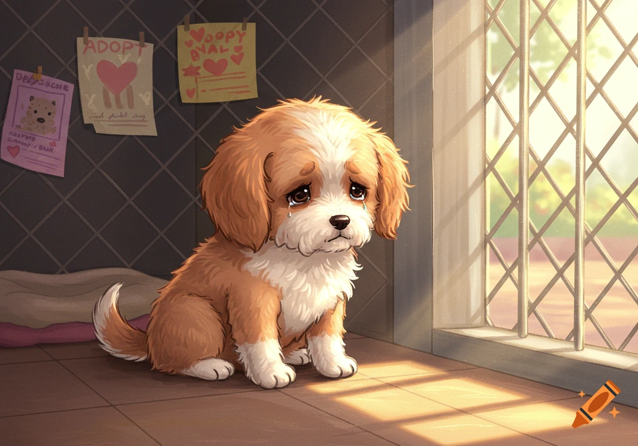 A cute, sad brown and white puppy with tears in its eyes sits on a tiled floor in a cartoon style, looking towards a sunny window with metal bars. Posters are on the wall behind it, one reading "ADOPT."
