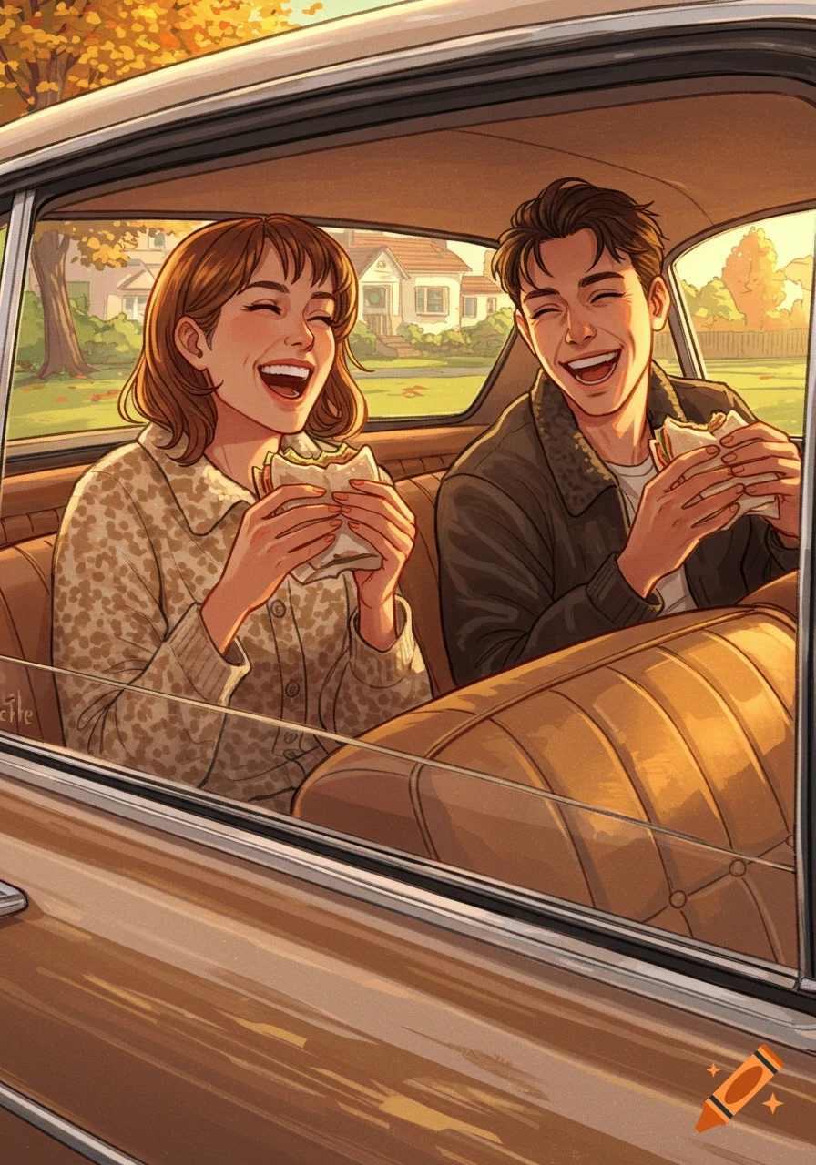 An illustrated image of a happy couple laughing and eating sandwiches in a car.