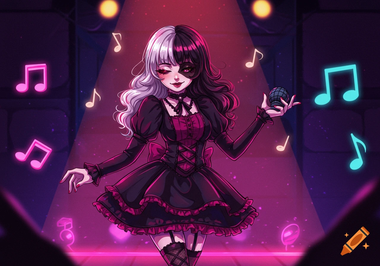 Anime-style woman with split black and white hair in a gothic dress holding a microphone on a stage with glowing musical notes.