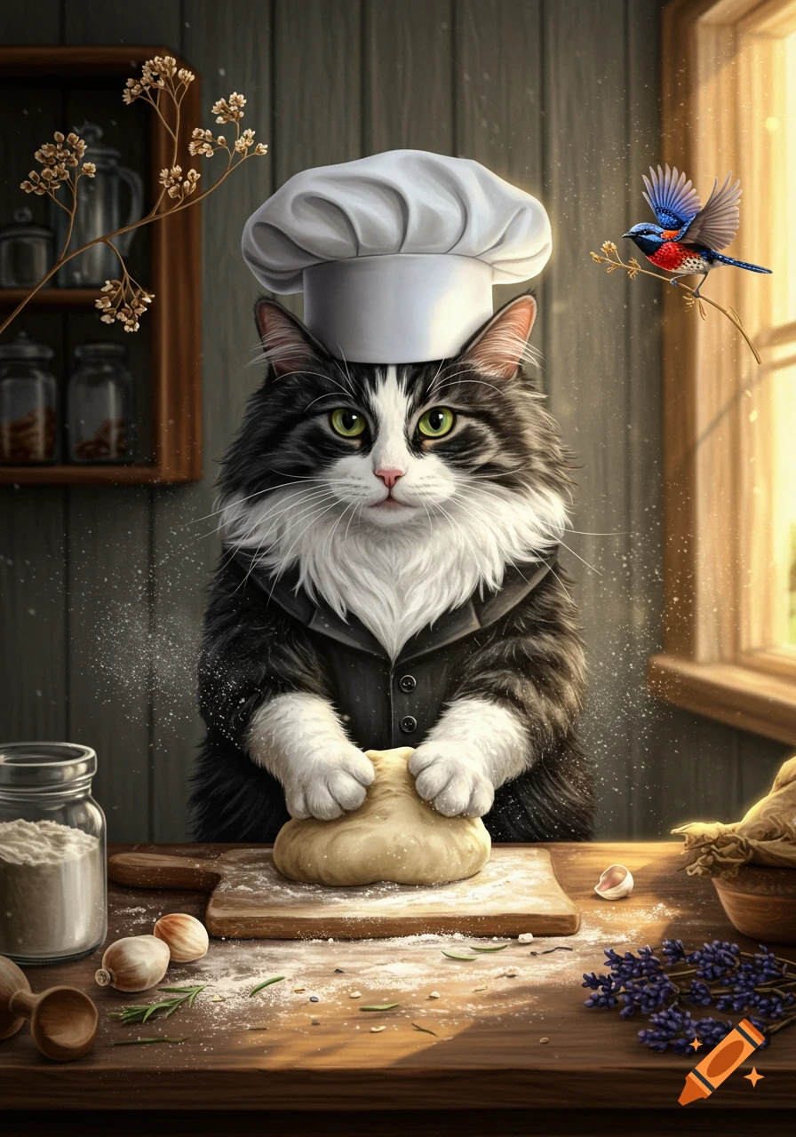 Whimsical tuxedo cat chef kneading dough on a rustic wooden table with flour, garlic, and lavender, observed by a fairy wren.