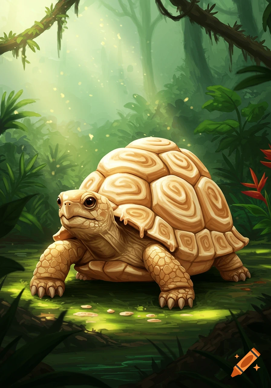 A cute, light brown turtle with swirling patterns on its shell sits in a lush green jungle, with sunlight filtering through the trees.