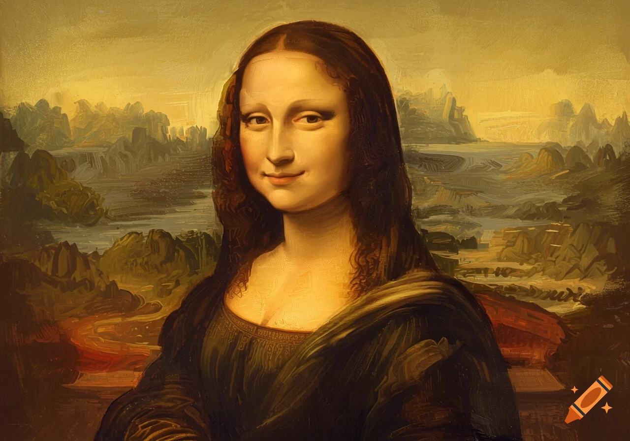 A painting of the Mona Lisa with a slight smile, set against a dark, mountainous landscape, rendered in a painterly style.