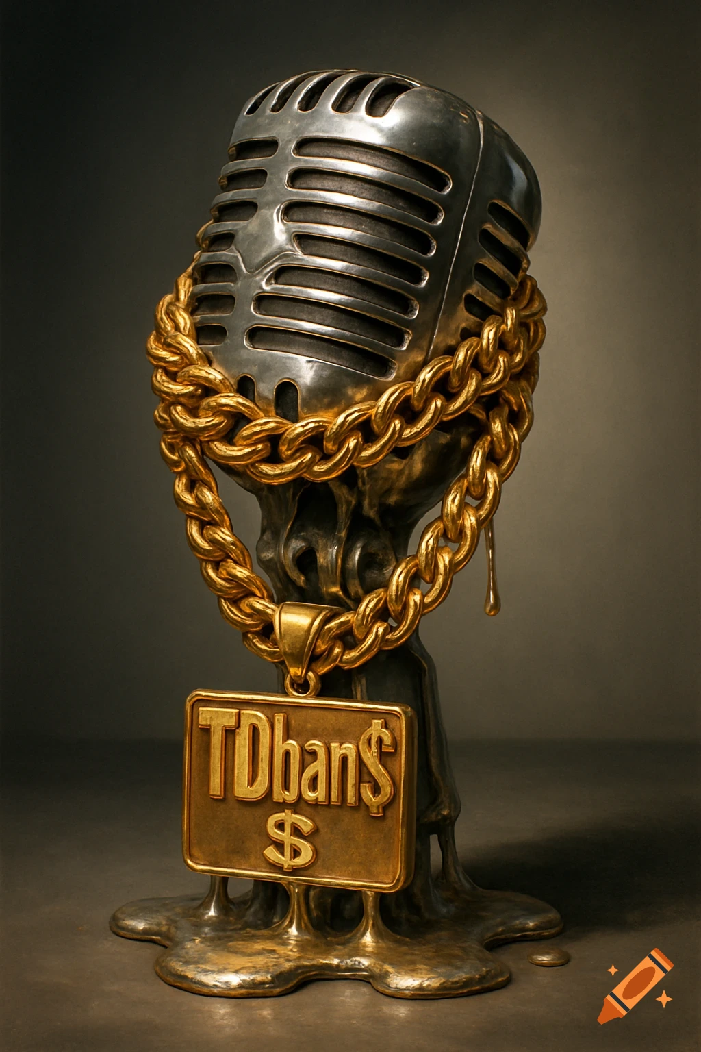 A stylized silver microphone appears to be melting, adorned with a large gold chain and a pendant reading "TDban$ $".